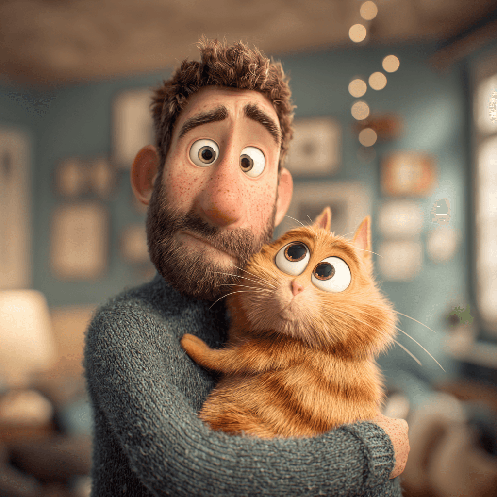 Un homme adulte brun avec une barbe courte tient un chat roux dans ses bras, fond de salon