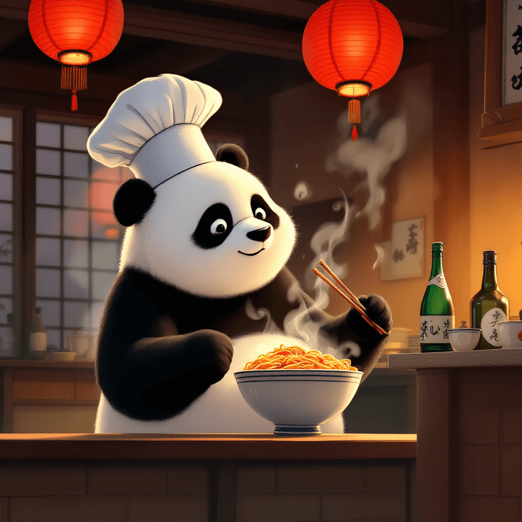 Un panda geant cuisine des ramen dans un restaurant japonais traditionnel, vapeur, lampion
