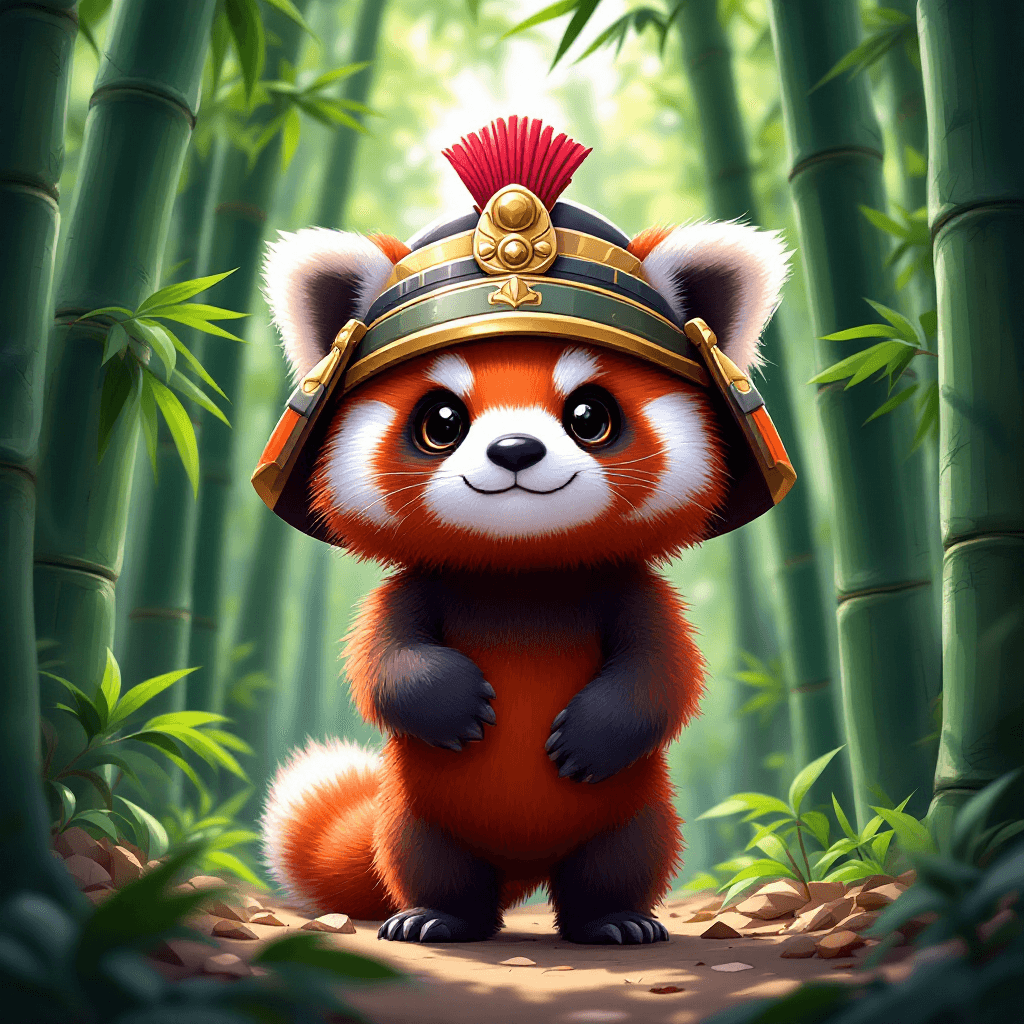A cute red panda wearing a tiny samurai helmet in a bamboo forest, anime style