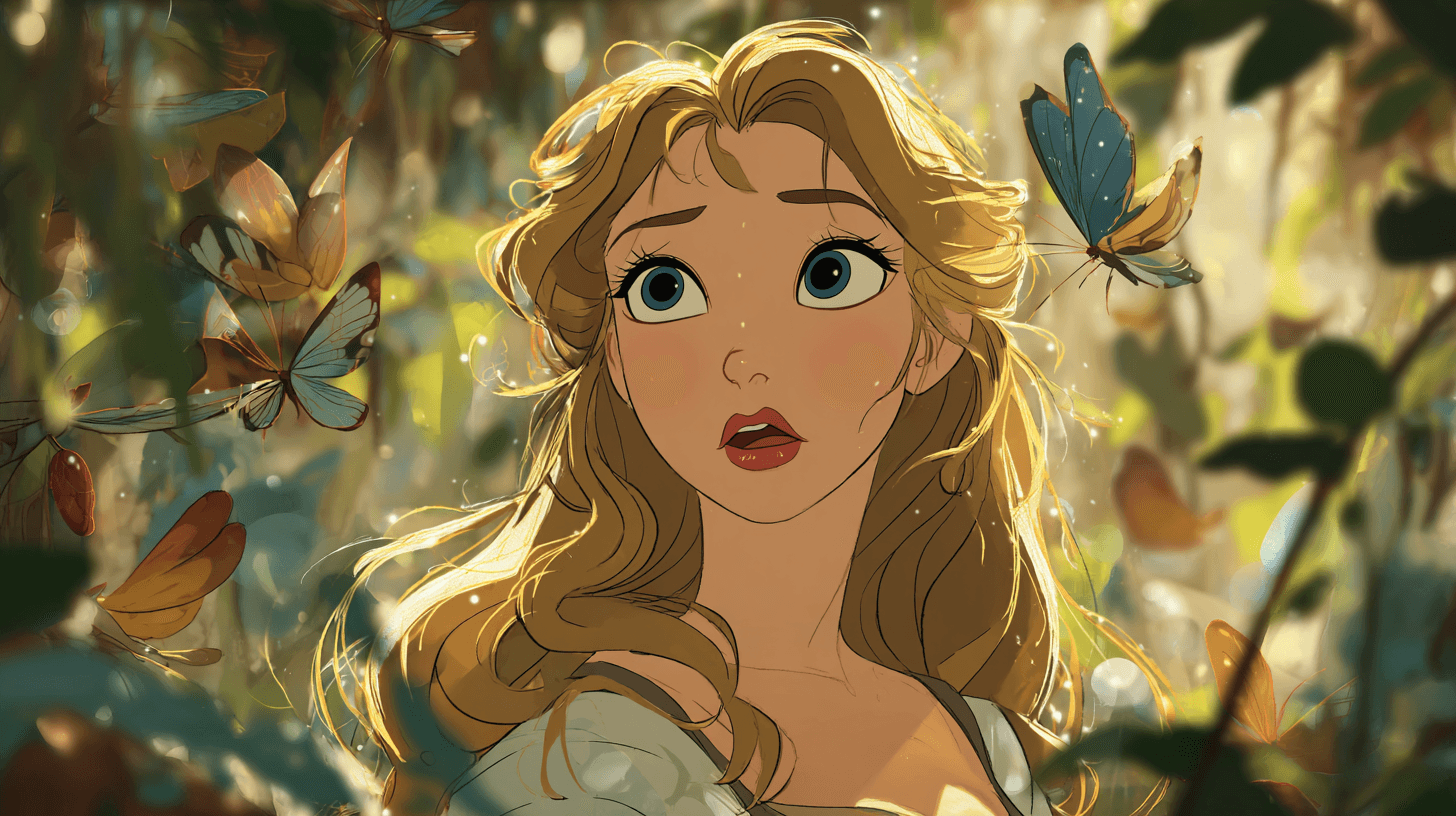 Une princesse dans un jardin enchanté avec des oiseaux et des papillons